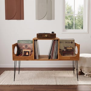 Supporto per giradischi con vano porta vinili, consolle per giradischi in stile metà secolo, vetrina frontale per LP, mobile audio in legno massello