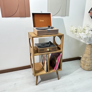 Vintage Mid Century Record Player Stand with Vinyl Storage | Retro Solid Wood Turntable Console Cabinet | Vinyl Record Media Furniture