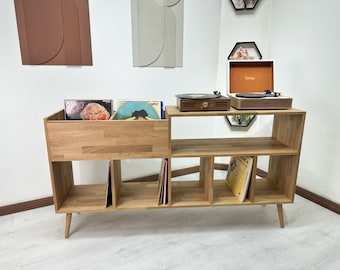Mobile per giradischi in stile metà secolo con vano porta vinili / Mobile consolle per giradischi retrò in legno massello / Mobile consolle stereo vintage