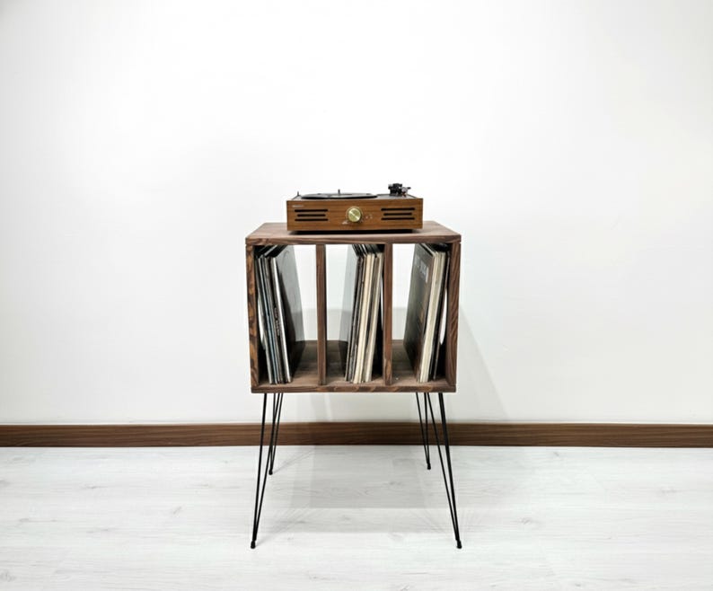 Solid Wood Record Player Stand With Vinyl Storage | Mid Century Retro ...