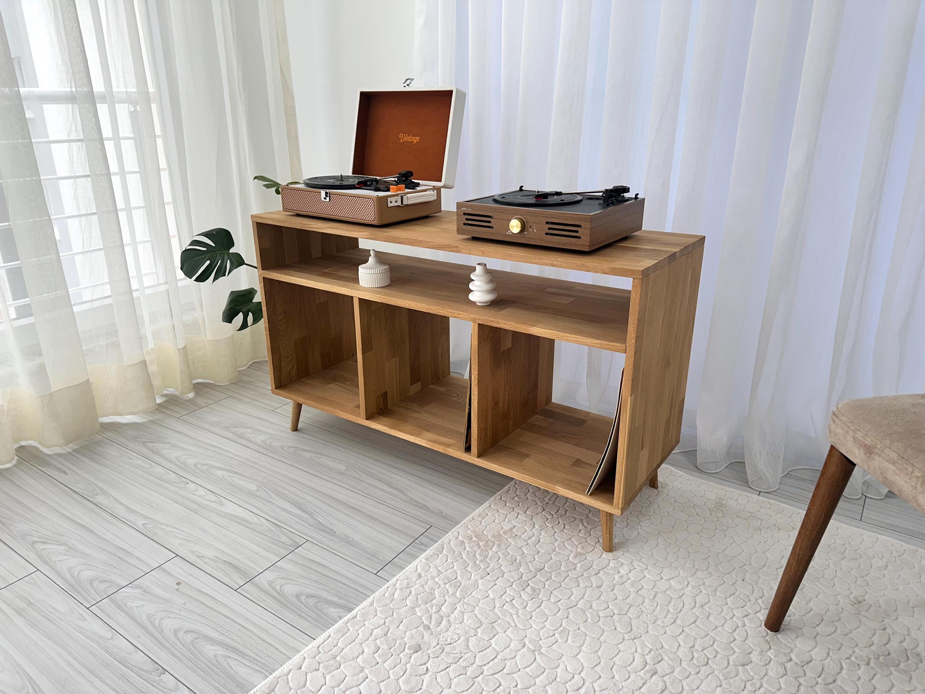Solid Oak Record Player Stand With Vinyl Storage – Handmade Wooden ...