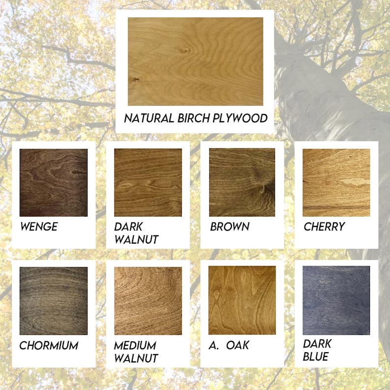 May include: A wood sample chart showing different wood finishes, including natural birch plywood, wenge, dark walnut, brown, cherry, chormium, medium walnut, A. oak, and dark blue.