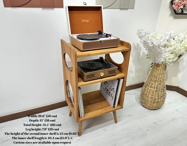 Wooden Turntable Stand | Vintage Vinyl Storage Unit | Handmade Record Console | vinyl record storage | stereo equipment | mid century modern image 6