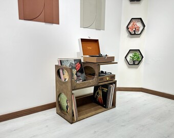 Supporto per giradischi con mobiletto porta dischi in vinile / Consolle per giradischi in legno massello stile Mid-Century Retro / Mobile vintage per la conservazione dei dischi in vinile