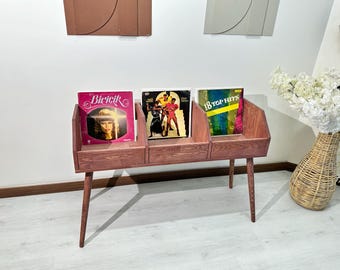 Record Player Stand with Vinyl Storage Cabinet | Mid Century Retro Solid Wood Turntable Console | Vintage Vinyl Record Media Furniture