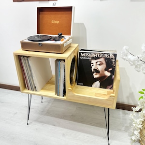 Retro Mid Century Record Player Stand with Vinyl Record Storage | Solid Wood Turntable Console Cabinet | Classic Vintage Media Furniture