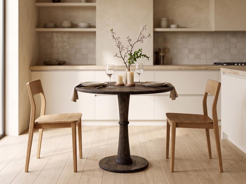 Op de afbeelding: Een ronde eettafel van donkerbruin hout met een centrale kolomvoet, vergezeld door twee lichtgekleurde houten stoelen. De tafel is gedekt met twee borden, twee wijnglazen, twee stompkaarsen en een vaas met bloeiende takken.