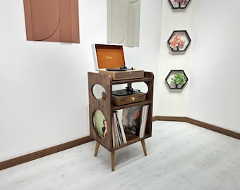 Walnut Mid Century Modern Record Player Stand, Retro Solid Wood Console Cabinet with Vinyl Record Storage | vinyl record stand, Vinyl Holder