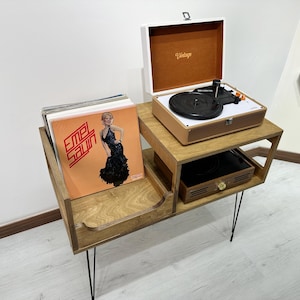 Wood Record Player Stand with Vinyl Storage | Mid Century Turntable Console Cabinet | Oak, Walnut, Pine & Birch Handmade Furniture, Records