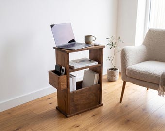 Narrow Solid Wood Side Table with Storage: Sofa End Table with Magazine Rack and Remote Holder
