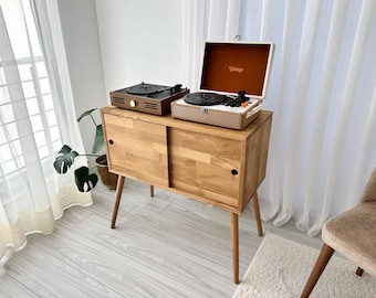 Soporte de madera de roble para tocadiscos con puertas corredizas, mueble de madera para guardar discos de vinilo, ideal para la decoración del salón, MCM Records