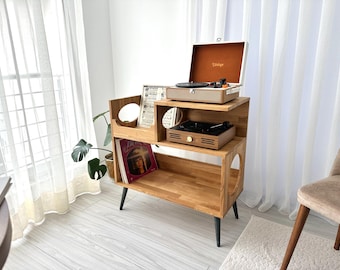 Rustic Wooden Record Player Stand – Retro Vinyl Storage Cabinet with Turntable Shelf & LP Holder Furniture, turntable stand, Vinyl end table