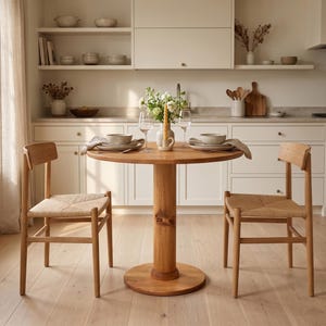 May include: A round wooden pedestal dining table with a natural finish, accompanied by two wooden chairs featuring woven seats. The table is set with two ceramic bowls, two wine glasses, a small vase of white flowers, and a tall taper candle.