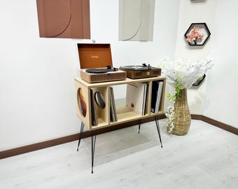 Houten platenspelerstandaard met vinylopberger, retro consolekast voor platenspeler, vinylplatenhouder, vinylplatenconsole, platencollectie