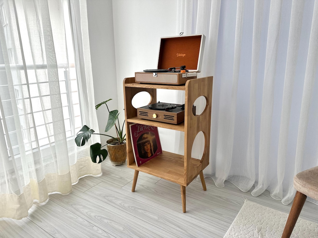 Oak Record Player Stand, Handmade Solid Wood Vinyl Record Storage ...
