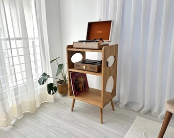 Oak Record Player Stand, Handmade Solid Wood Vinyl Record Storage Cabinet for Turntable and Living Room Decor, Console Table, Vinyl Holder
