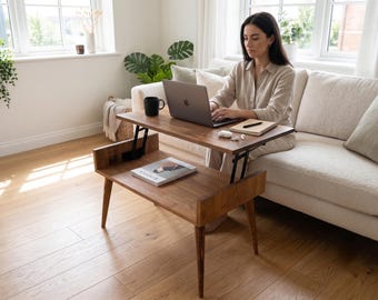 Lift Top Coffee Table with Storage, Solid Wood Mid Century Modern Living Room Table