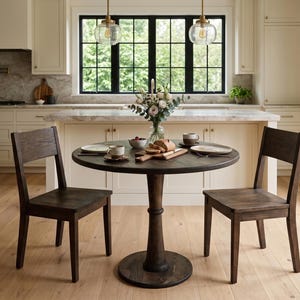 Kleine ronde eettafel, eiken keukentafel, handgemaakte houten tafel, Scandinavische eettafel, eettafel op voetstuk, Japandi-meubels afbeelding 5