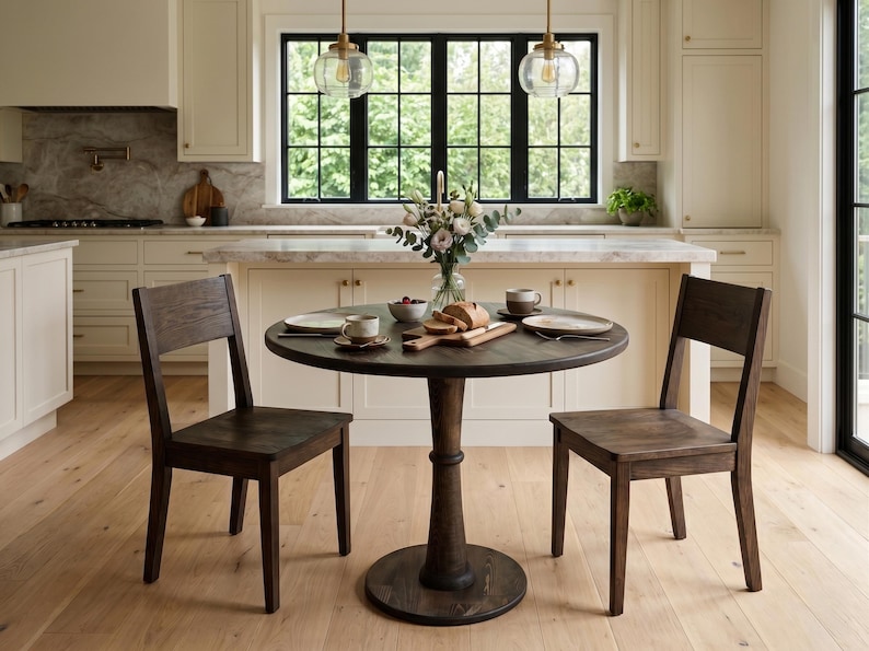 Kleine ronde eettafel, eiken keukentafel, handgemaakte houten tafel, Scandinavische eettafel, eettafel op voetstuk, Japandi-meubels afbeelding 5