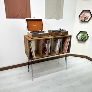 Mueble con soporte para tocadiscos - Mesa para tocadiscos - Organizador de vinilos - Gabinete para LP - Consola decorativa MCM - Moderno de mediados de siglo