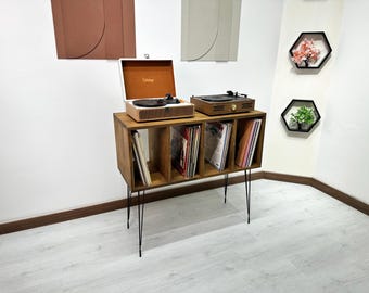 Vintage Mid Century Record Player Stand Vinyl Storage | Solid Wood Retro Turntable Console Cabinet | Modern Vinyl Record Storage Furniture