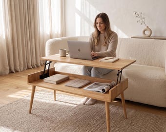 Solid Oak Lift Top Coffee Table with Storage, Mid Century Modern Convertible Scandinavian Living Room Table, Handcrafted Adjustable Design