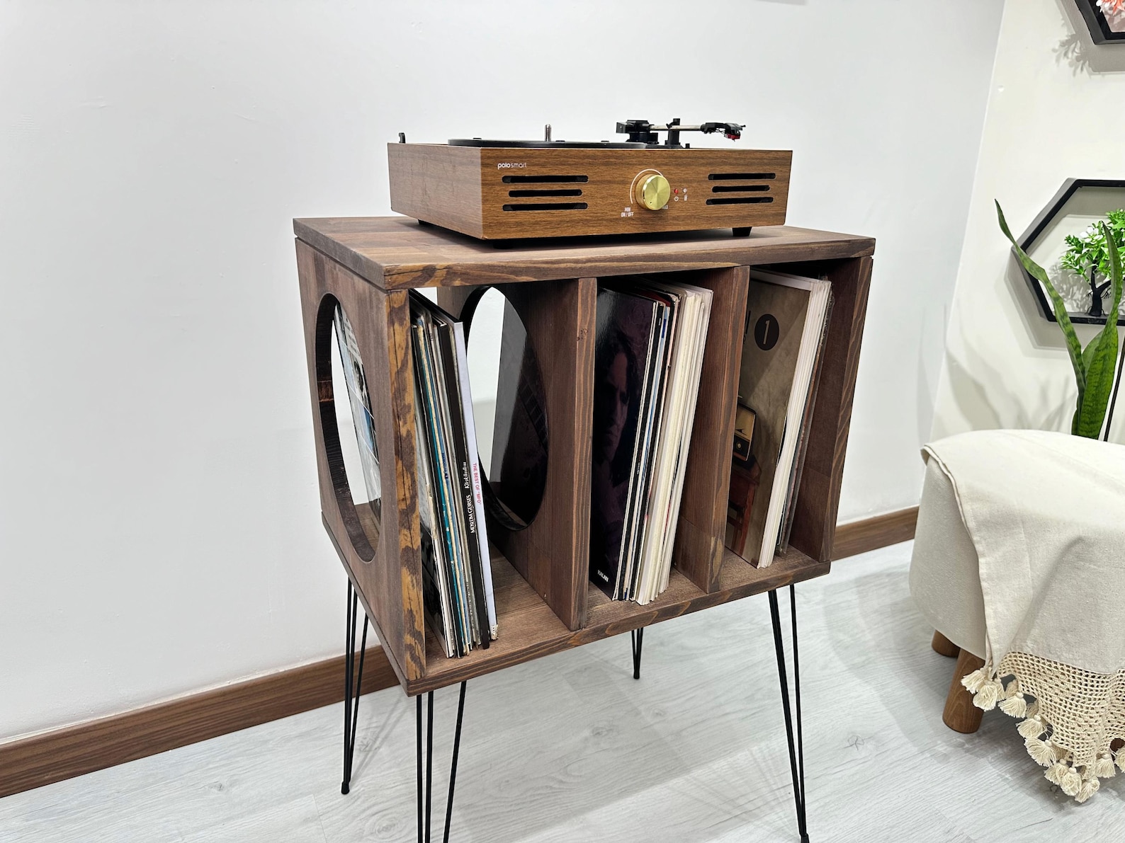 Solid Wood Record Player Stand With Vinyl Storage | Mid Century Retro ...