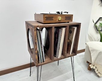 Solid Wood Record Player Stand with Vinyl Storage | Mid Century Retro Turntable Console Cabinet | Vintage Vinyl Record Holder Furniture