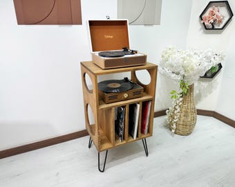 Handgemaakte platenspelerstandaard met vinyl opberger, retro consolekast uit het midden van de eeuw | Massief houten vinylplatenhouder, vinylplaten
