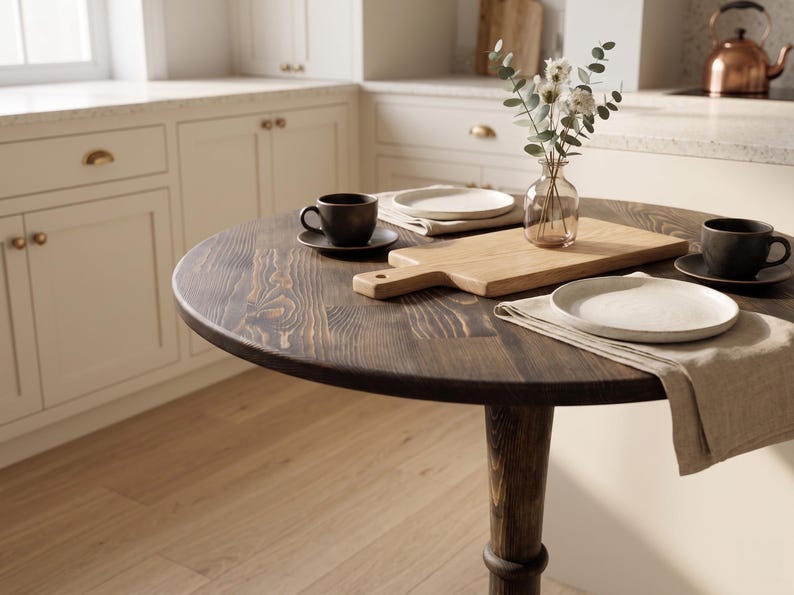 Kleine ronde eettafel, eiken keukentafel, handgemaakte houten tafel, Scandinavische eettafel, eettafel op voetstuk, Japandi-meubels afbeelding 6