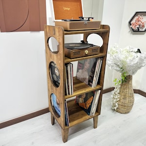 Handmade Record Player Stand with Vinyl Storage, Mid Century Modern Turntable Console Cabinet | Retro Solid Wood Furniture for Vinyl Records