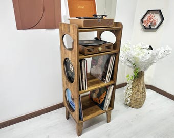 Handmade Record Player Stand with Vinyl Storage, Mid Century Modern Turntable Console Cabinet | Retro Solid Wood Furniture for Vinyl Records