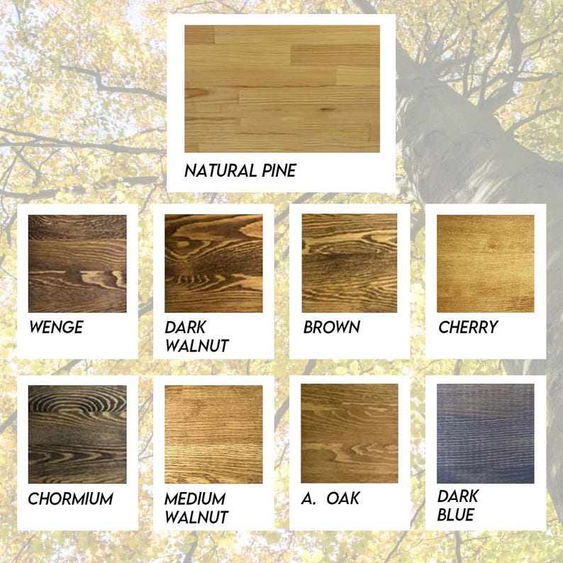May include: A collage of wood stain color samples, including natural pine, wenge, dark walnut, brown, cherry, chormium, medium walnut, a. oak, and dark blue.