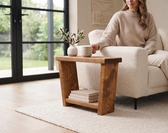 Solid Wood Side Table with Lower Shelf, Rustic Sofa End Table, Narrow Bedside Table, Handmade Farmhouse Accent Table for Small Living Spaces