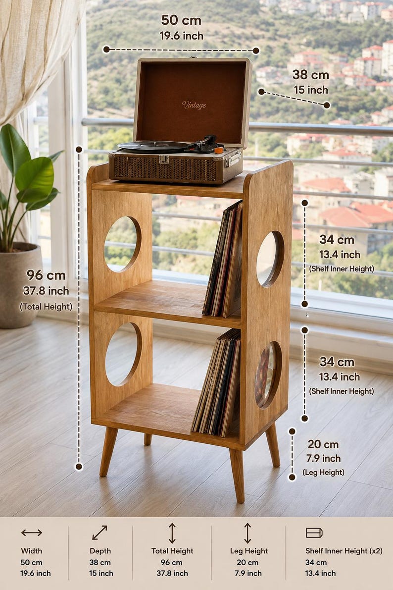 May include: A light brown wooden record player stand with two open shelves and circular side cutouts. It measures 19.6 inches wide, 15 inches deep, and 37.8 inches in total height, with 13.4-inch shelf heights and 7.9-inch legs.