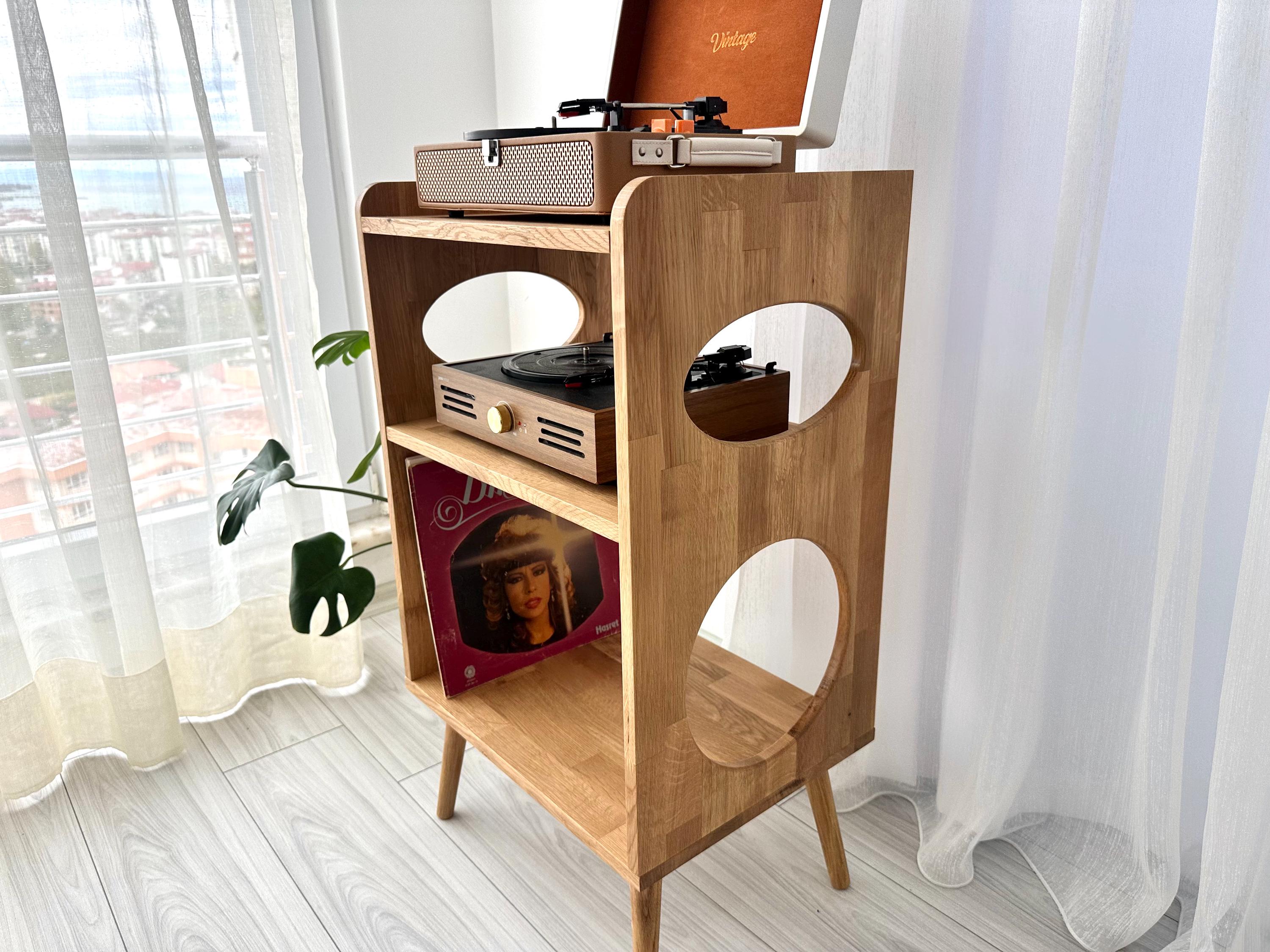 Oak Record Player Stand, Handmade Solid Wood Vinyl Record Storage ...