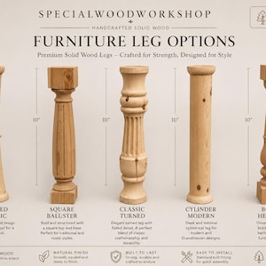 Op de afbeelding: Vijf lichtgekleurde massief houten meubelpoten, elk 25,4 cm hoog, gelabeld als Tapered Classic, Square Baluster, Classic Turned, Cylinder Modern en Bobbin Heritage. De afbeelding bevat de tekst SPECIALWOODWORKSHOP en FURNITURE LEG OPTIONS.