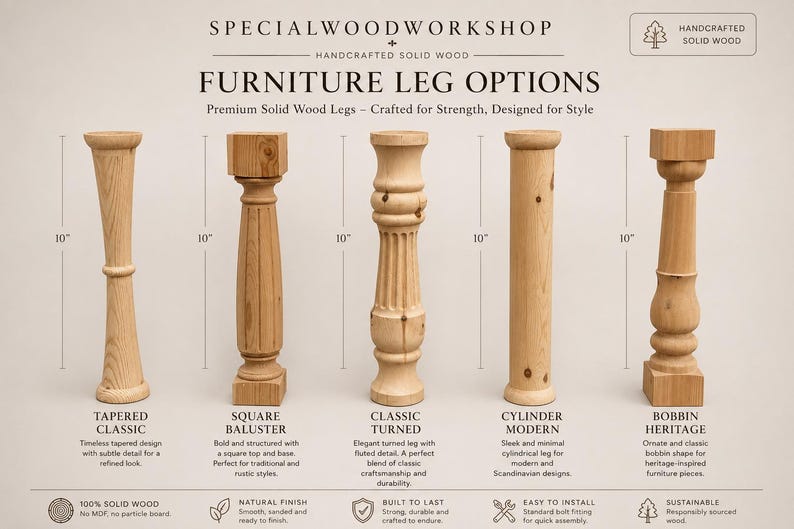 Op de afbeelding: Vijf lichtgekleurde massief houten meubelpoten, elk 25,4 cm hoog, gelabeld als Tapered Classic, Square Baluster, Classic Turned, Cylinder Modern en Bobbin Heritage. De afbeelding bevat de tekst SPECIALWOODWORKSHOP en FURNITURE LEG OPTIONS.
