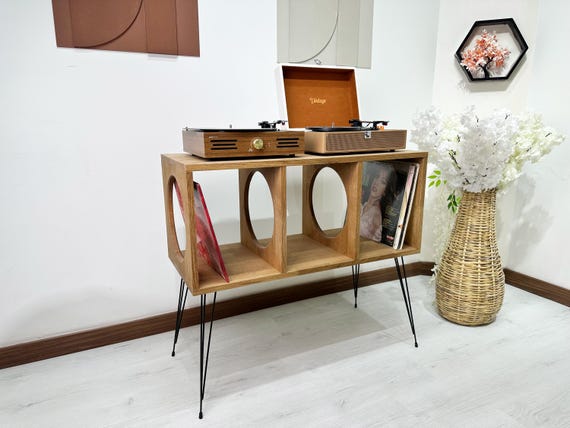 Solid Wood Record Player Table | Retro Media Console | Mid Century Modern Furniture | custom record | wooden turntable stand | vinyl record