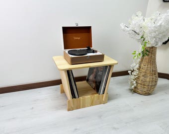 ヴィンテージ ミッドセンチュリー レコードプレーヤー スタンド レコード収納 | レトロ ターンテーブル コンソール キャビネット | レコード用の無垢材手作り家具