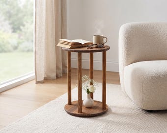Round Two Tier Side Table, Solid Wood Couch Table with Lower Shelf, Modern Living Room Accent Furniture, Handmade Small Space Home Decor