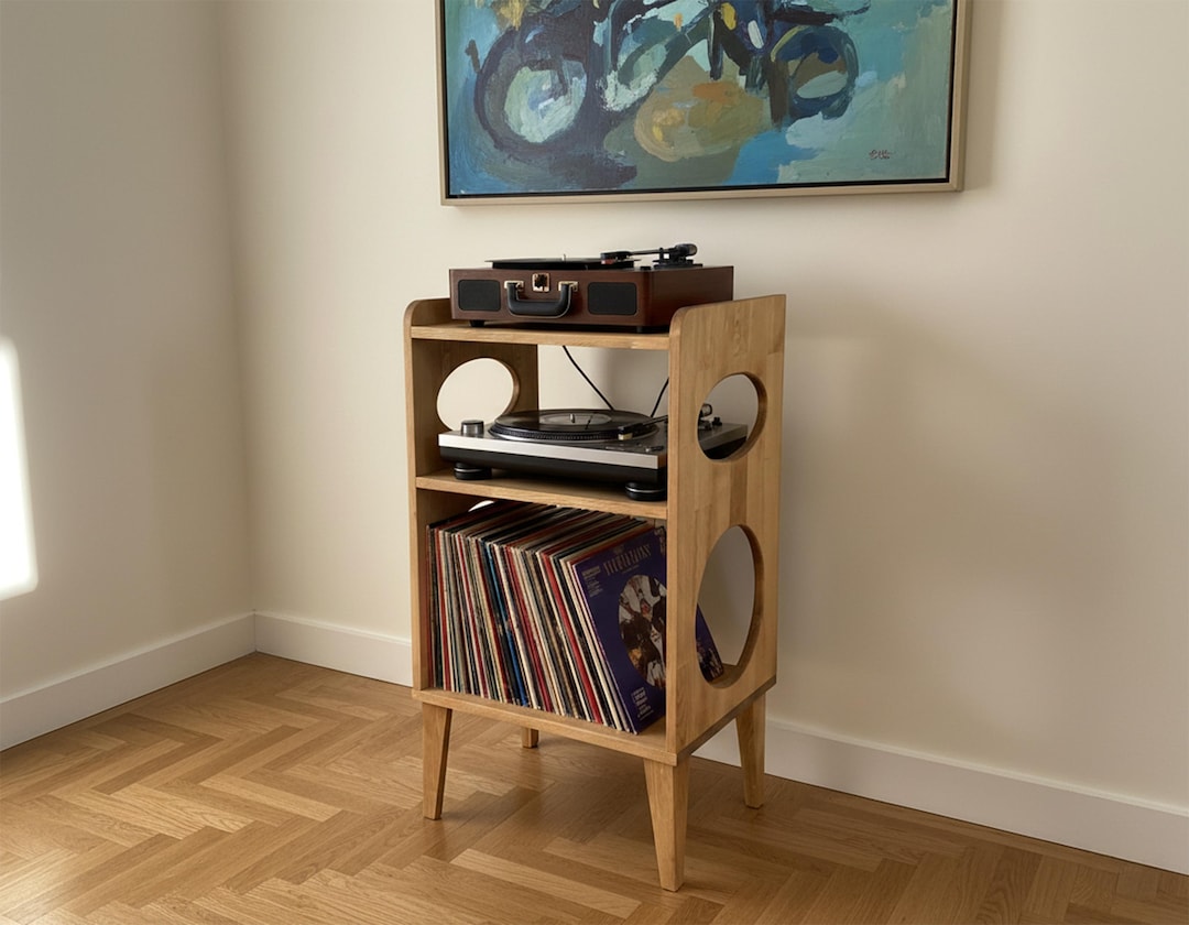 Mid Century Modern Record Player Stand With Vinyl Storage, Solid Wood ...