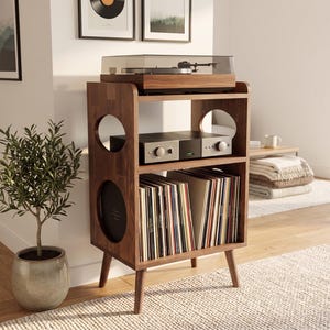 Record Player Stand with Vinyl Storage, Mid Century Modern Turntable Stand, Walnut Record Cabinet, LP Storage Console, MCM Audio Furniture