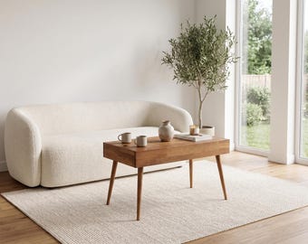 Solid Wood Coffee Table with Hidden Storage, Mid Century Modern Living Room Table