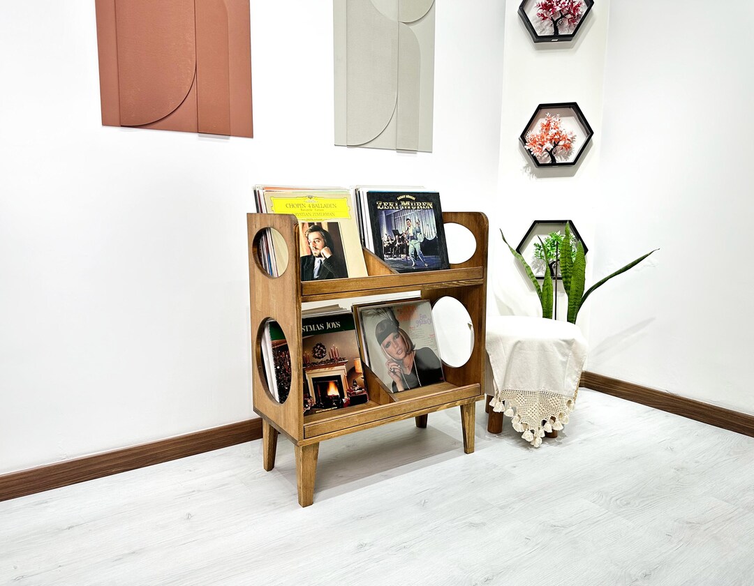 Mid Century Record Player Stand With Vinyl Storage, Retro Solid Wood ...