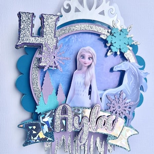 May include: A purple and silver glitter number four cake topper with a silver crown, a blue and purple background, a picture of Elsa from Frozen, a silver glitter banner with the name "Ayla" and a silver glitter icicle drip.