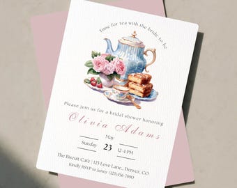 Time For Tea With The Bride To Be Invitation Template, Printable Tea Party Bridal Shower Invitation, Pink Floral Bridal Shower Party Invite