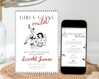 Girls Gone Mild Bachelorette Invitation, PJs and Prosecco Editable Girls Night Itinerary Template, Hand Drawn Bach Pajama Party Invitation