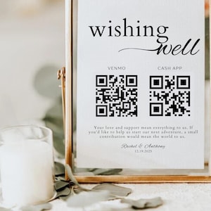 Ślubny kod QR Studnia życzeń, nowoczesny znak rejestru aplikacji gotówkowej na ślub, kod QR funduszu na miesiąc miodowy, minimalistyczny znak miesiąca miodowego z kodem QR Venmo Canva
