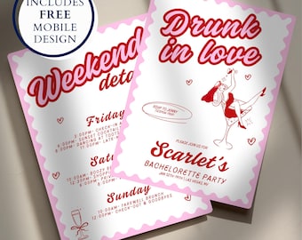 Drunk in Love Bachelorette Invite, Bach Weekend Itinerary, Martini and Margarita Cocktail, Pink Wavy Bach Hen Party,  Editable Template